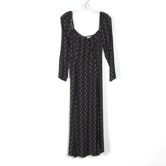 Reformation Sigmund Side Slit Midi Dress Sz 8 Black Linguini Print Square Neck - Picture 2 of 12
